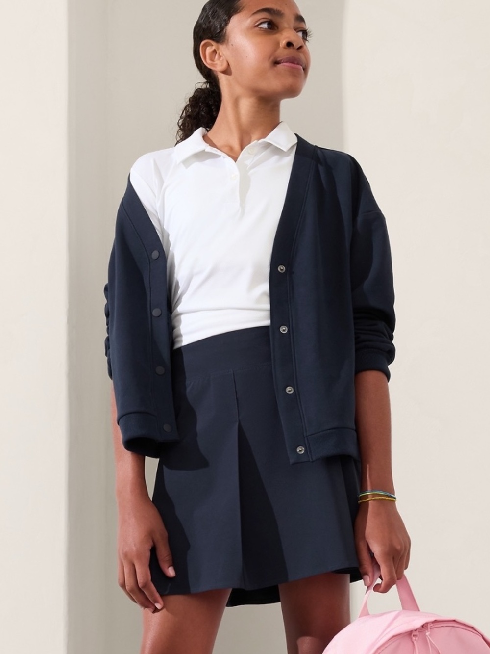 Athleta Girl Snap Front Cardigan Navy L 12 Sweatshirt Cozy School